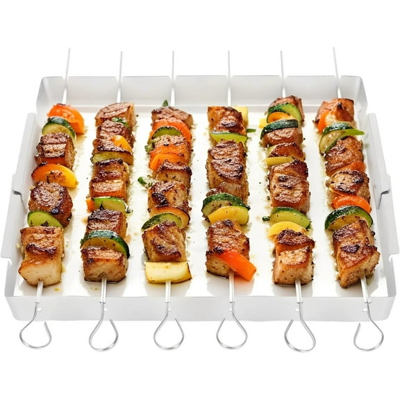 Stainless Steel BBQ Shish Kabob Set, Foldable Grill Rack with 6pcs 13"L Reusable Skewers for Ooudoor Indoor Party and Cookout