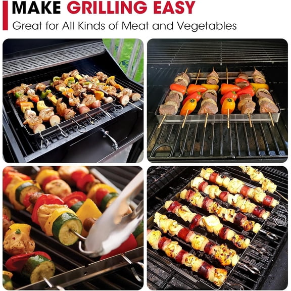 Stainless Steel BBQ Shish Kabob Set, Foldable Shish Kabob Holder with 6pcs 13"L Skewers, Reusable Grill Rack, Comes with 30pcs 12.5"L Bamboo Skewers for Party and Cookout