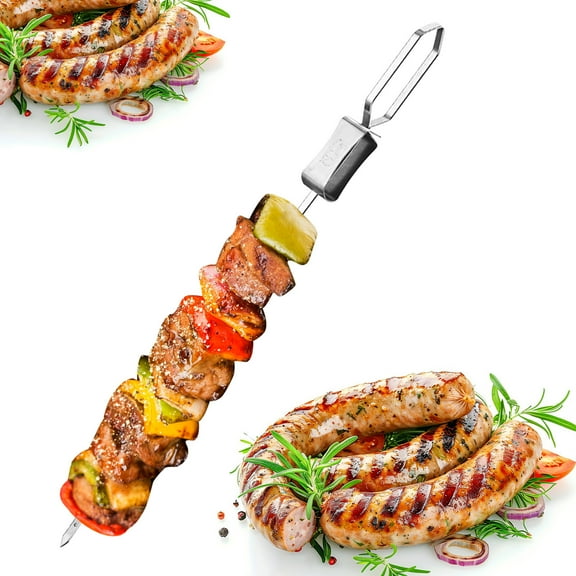Stainless Steel BBQ Skewer Set with Easy Sliding Pusher | 14.7 Inch Extra Long Grilling Skewers for Meat Shrimp Chicken Vegetables | Multi-Claw Kabob Design | Dishwasher Safe & Rust-Resistant