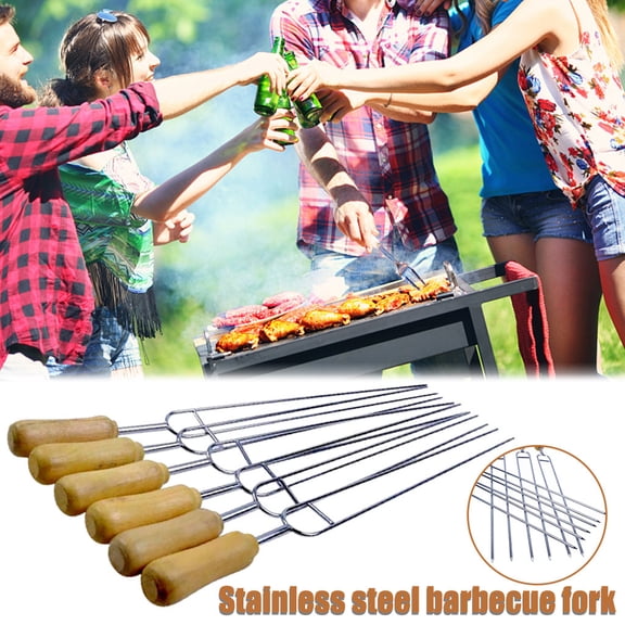 Stainless Steel BBQ Skewers - 6 Pack Barbecue Sticks Grilling Long Needle, Slidable Handle, Sharpened Tips, 39cm
