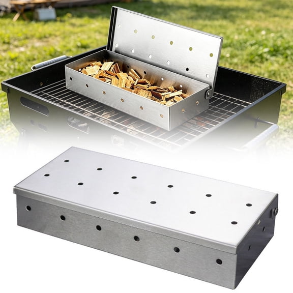 Stainless Steel BBQ Smoker Box,Hinged Lid Wood Chip Smoker Container High Temperature Resistant Portable Grilling Accessory for Meat Fish Vegetable BBQ Grilling,1PC,Silver