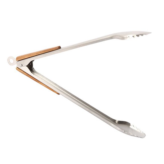 Stainless Steel BBQ Tongs Kitchen Heat Wood Handle Larger Tong Outdoor Tools Clips Barbecue Clip