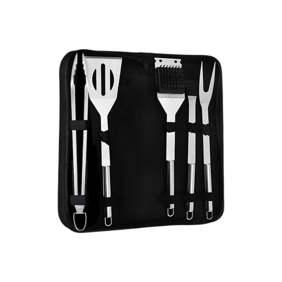 Stainless Steel BBQ Tool Set with Oxford Fabric Bag, 5-Piece Grill Accessories Kit (Spatula, Tongs, Fork, Cleaning Brush, Storage Bag) for Backyard BBQ, Camping, and Outdoor Cooking