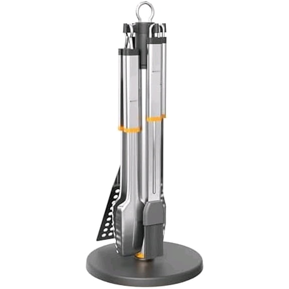 Stainless Steel BBQ Tool Set with Rotating Stand & Drip Pan Complete Grill Tool Kit with Spatula, Tongs, Fork & Brush Durable, Easy to Clean Great Gift for Men Who Love Grilling$$Garden & Patio
