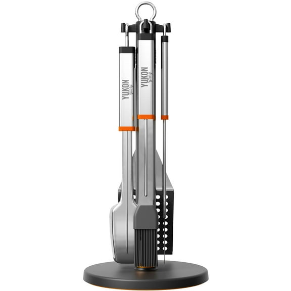 Stainless Steel BBQ Tool Set With Rotating Stand & Drip Pan | Grill Tool Kit Complete With Spatula, Tongs, Fork, Brush | Durable, Easy to Clean Grilling Kit | Essential BBQ Tools