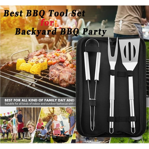 Stainless Steel BBQ Utensil Set - 3-Piece Grill Tools Kit with Fork, Tongs & Spatula | 13.7" Dishwasher Safe Barbecue Accessories | Includes Hanging Loops & Storage Bag | Great Gift for Grill Masters