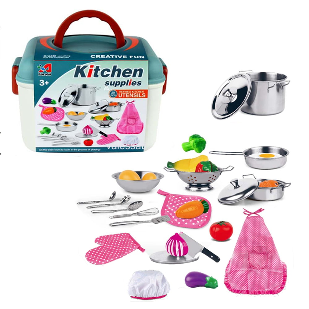Stainless Steel BOX Kitchen Set and Food Play Kitchen Toys Cooking Set, 29 Pieces for toddlers Preschoolers Kids Girls Boys Age 3-7 Years by VALESSATI