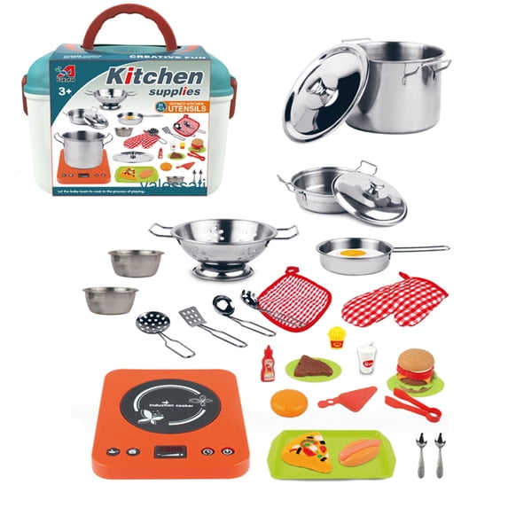 VALESSATI 31-Piece Kids Kitchen Play Set, Teal Carry Case, Toy Induction Burner & Play Food, Age 3+