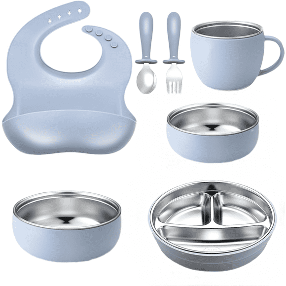 Stainless Steel Baby Feeding Set - Baby Led Weaning Supplies - 6 Pcs Kids Plates and Bowls Set - Includes Adjustable Bib, Forks Spoons, Toddler Cup, Suction Bowls for Baby Toddle (Blue)