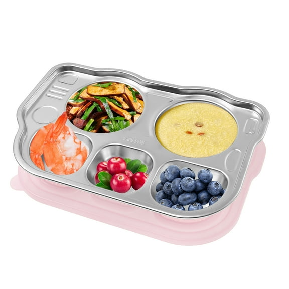 Stainless Steel Baby Suction Plate Ample Space Toddler Suction Plate with 5 Compartment Anti Scald Baby Feeding Set for Children