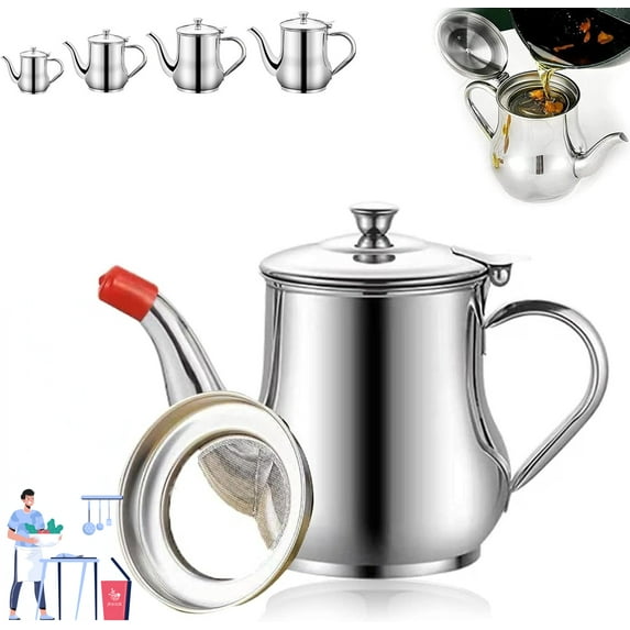 Stainless Steel Bacon Grease Container with Strainer and Spout, Reusable Filtering Oil Pot for Home Kitchen Cooking (24 oz)
