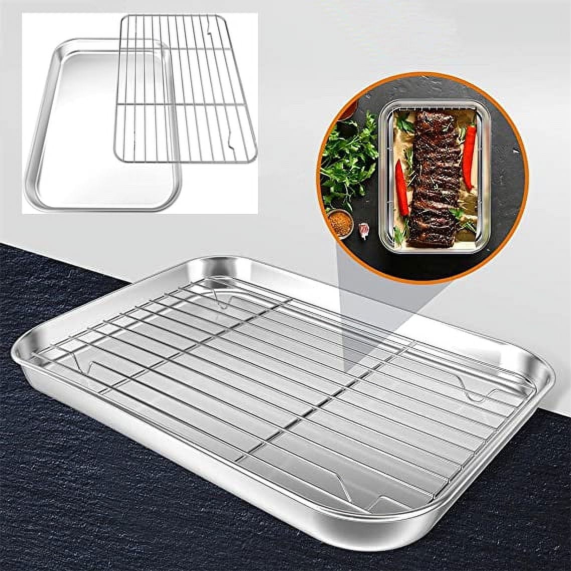 Stainless Steel Bakeware Pan Set Nonstick 16 x 12 x 1 Inch, Oven Baking Pan Cookies Sheet Tray Rack Set, Rust Resistant, Dishwasher Safe