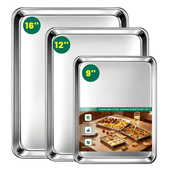 Stainless Steel Baking Cookie Sheet Set of 3, 9, 12, 16 Inch