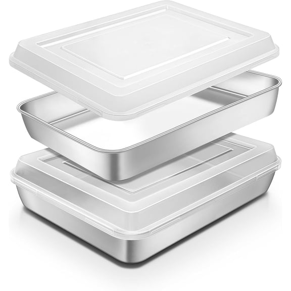 Stainless Steel Baking Pan with Lid, 12 x 9 x 2 Inch Deep Rectangle Cake Pans with Cover for Cakes, Brownies, Cookies, Deep Side & Heavy Duty,Dishwasher & fridge & Oven Safe(2 Pans + 2 Lids)