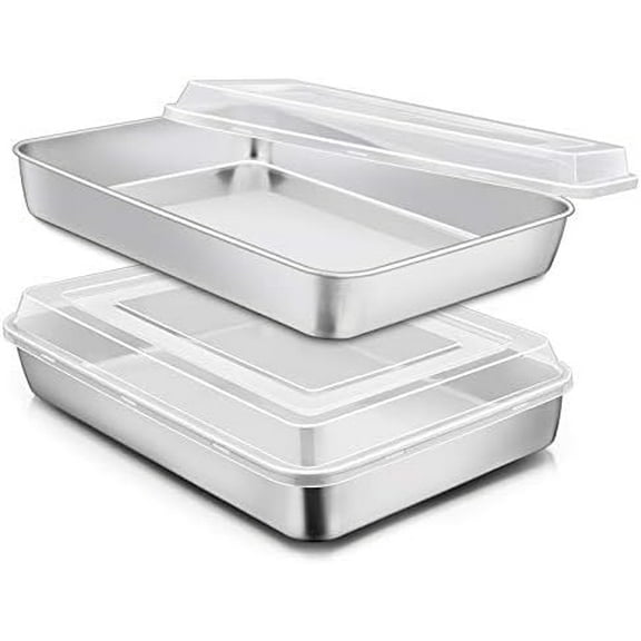 Stainless Steel Baking Pan with Lid, 12⅓ x 9¾ x 2 Inch Rectangle Sheet Cake Pans with Covers Bakeware for Cakes Brownies Casseroles, Non-toxic & Healthy, Heavy Duty & Dishwasher Safe - Set of 2