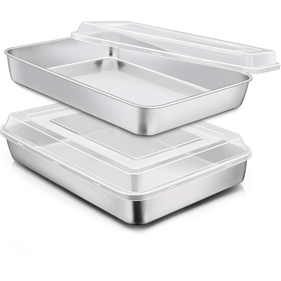 Stainless Steel Baking Pan with Lid, 12⅓ x 9¾ x 2 Inch Rectangle Sheet Cake Pans with Covers Bakeware for Cakes Brownies Casseroles, Non-toxic & Healthy, Heavy Duty & Dishwasher Safe