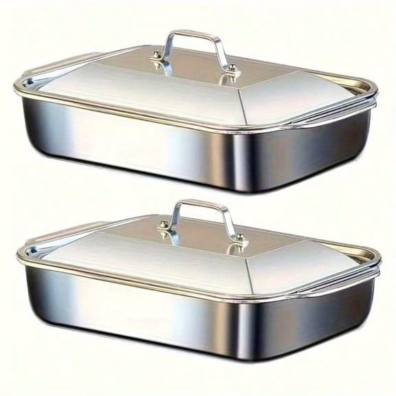 Stainless Steel Baking Pan with Lid, Non-Stick Thickened Rectangular Baking Pan, Suitable for Desserts, Bread, and Seafood Baking; Barbecues, Holiday Celebrations