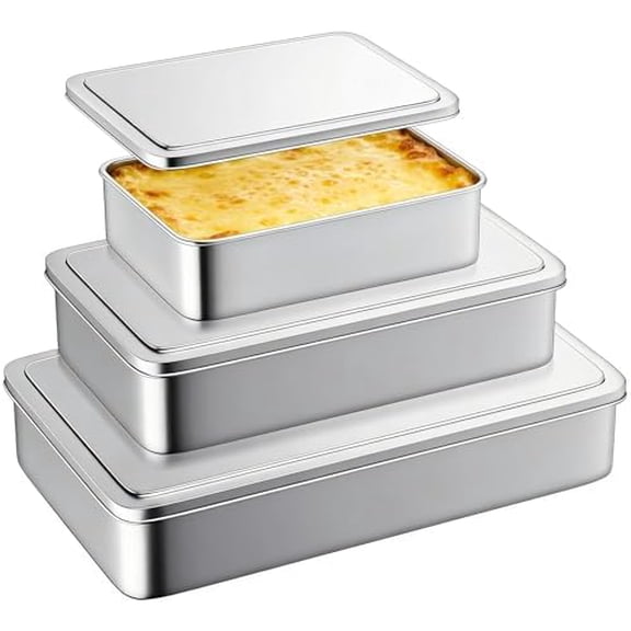Stainless Steel Baking Pan with Lid, Set of 3 Large Cake Pan, 17/13/11 Inch Baking Sheet Lasagna Pan with Lid, Rectangle Sheet Roasting Pan, Cake Pans with Cover, Dishwasher Safe