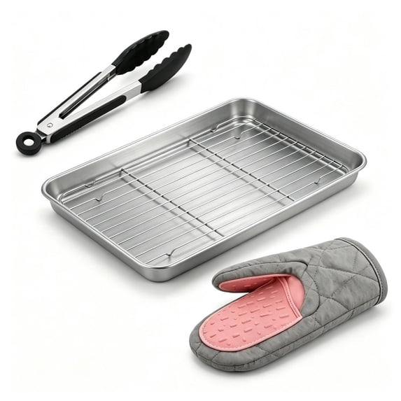 Stainless Steel Baking Pan & Rack Set with Tongs & Mitt - 28cm Oven Safe Tray for Air Fryer & Toaster