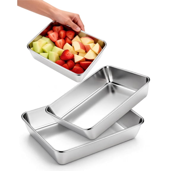 Stainless Steel Baking Pan Set, 3PCS Rectangular Cake & Brownie Pans, Deep Brushed Casserole Dishes, Heavy Duty Oven & Dishwasher Safe, Non-Toxic Bakeware, 8.6", 9.8", 11.8" (Silver)