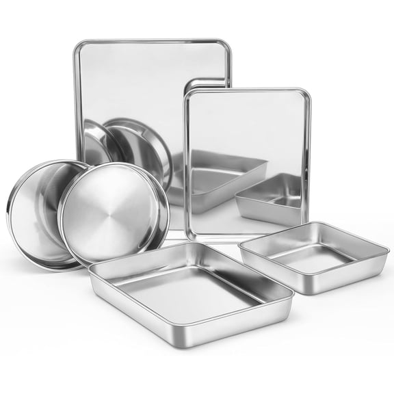 Stainless Steel Baking Pan Set, 6-Piece Metal Bakeware Sets Include Cookie Sheet, Round Square Rectangle Cake Pans, Non-toxic & Dishwasher Safe