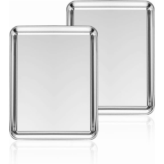 Stainless Steel Baking Sheet Set of 2, Cookie Sheet Metal Baking Pan Oven Tray, Non & Heavy Duty, Rust Free & Mirror Finish, Easy Clean & Dishwasher Safe, 10 x 8 x 1 Inch