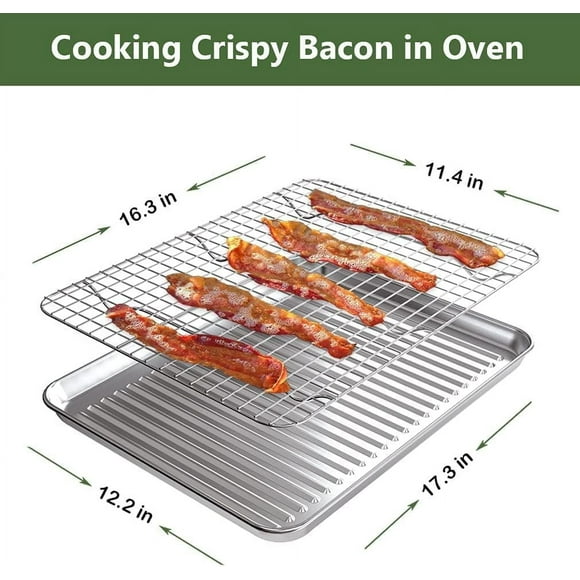 Stainless Steel Baking Sheet with Cooling Rack Set, Heavy Duty Oven Pan for Baking Cookies, Cakes, Bacon