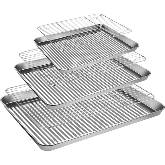 Stainless Steel Baking Sheet with Rack Set, Cookie Sheet with Cooling Rack, Set of 6 (3 Sheets + 3 Racks), Easy Clean