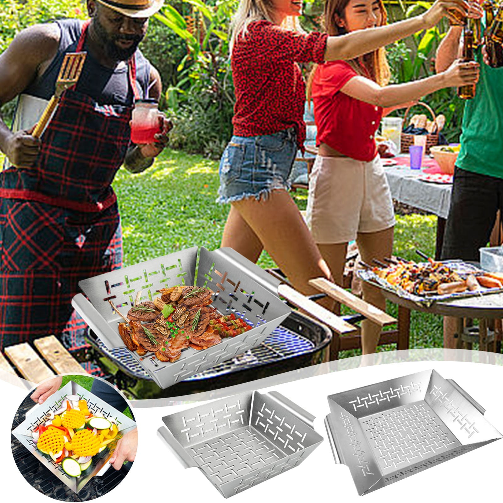 Stainless Steel Baking Tray Grill Basket | BBQ Leak Tray Non-Stick Vegetables Roasting Pan | Oven Safe | Rust Resistant | Ergonomic Handle | 22.5x18x5.5cm | 1 Pack | For BBQ Grill Oven Cooking