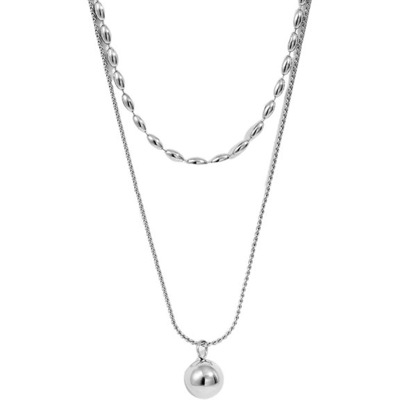 Stainless Steel Ball Bead Charm Double Chains Statement Necklace