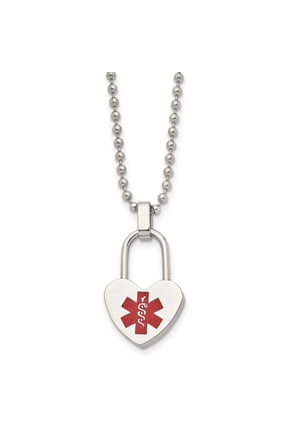 Stainless Steel Ball Beaded Medical Necklace Chain Chisel Polished with Red Enamel Heart Lock ID Pendant on a 24 inch 18.65 mm