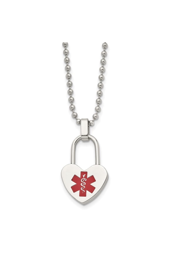 Stainless Steel Ball Beaded Medical Necklace Chain Chisel Polished with Red Enamel Heart Lock ID Pendant on a 24 inch 18.65 mm