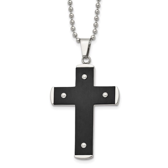 Stainless Steel Ball Beaded Necklace with Pendants Chain Brushed and Polished Black IP-plated Cross 22in 22 inch 32.82 mm