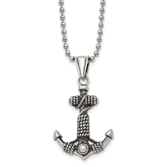 Stainless Steel Ball Beaded Necklace with Pendants Chain Chisel Antiqued and Polished Anchor Rope Pendant on a 24 inch 26.01 mm