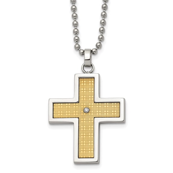 Stainless Steel Ball Beaded Necklace with Pendants Chain Chisel Polished 14k Gold Accent .01 carat Diamond Cross Pendant on a 22 inch 30 mm