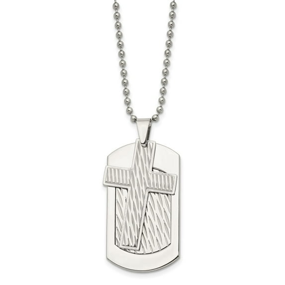 Stainless Steel Ball Beaded Necklace with Pendants Chain Chisel Polished and Textured 2 Piece Cross Dog Tag on a 24 inch 25.05 mm