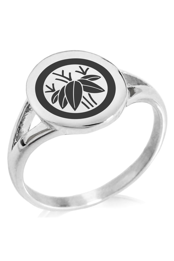 Stainless Steel Bamboo Kamon Crest Minimalist Oval Top Polished Statement Signet Ring