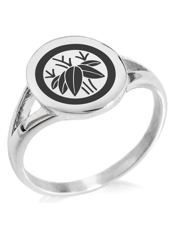 Stainless Steel Bamboo Kamon Crest Minimalist Oval Top Polished Statement Signet Ring