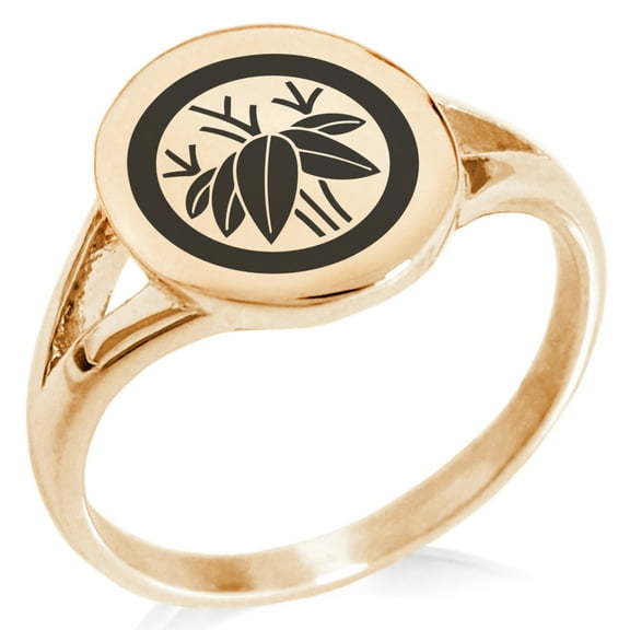 Stainless Steel Bamboo Kamon Crest Minimalist Oval Top Polished Statement Signet Ring