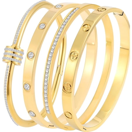 Stainless Steel Bangle Bracelet Set for Women - Silver/Gold Love Bangle Non Tarnish Jewelry with Sparkling Crystal Inlay for Love Gifts