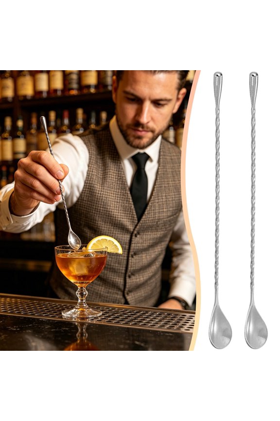 Stainless Steel Bar Spoon Long Threaded Handle Drop Shape Easy Stirring For Bar Kitchen Coffee Cocktail Mixing 2 PC Silver
