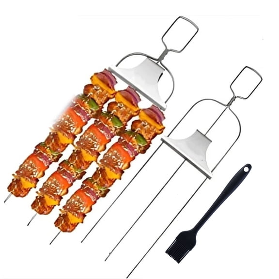 Stainless Steel Barbecue Fork Set, Three Prong Grilling Tool, Semi Automatic Meat Skewer, Heavy Duty Outdoor Cooking Accessory for Yard BBQ, Camping and Kitchen Use