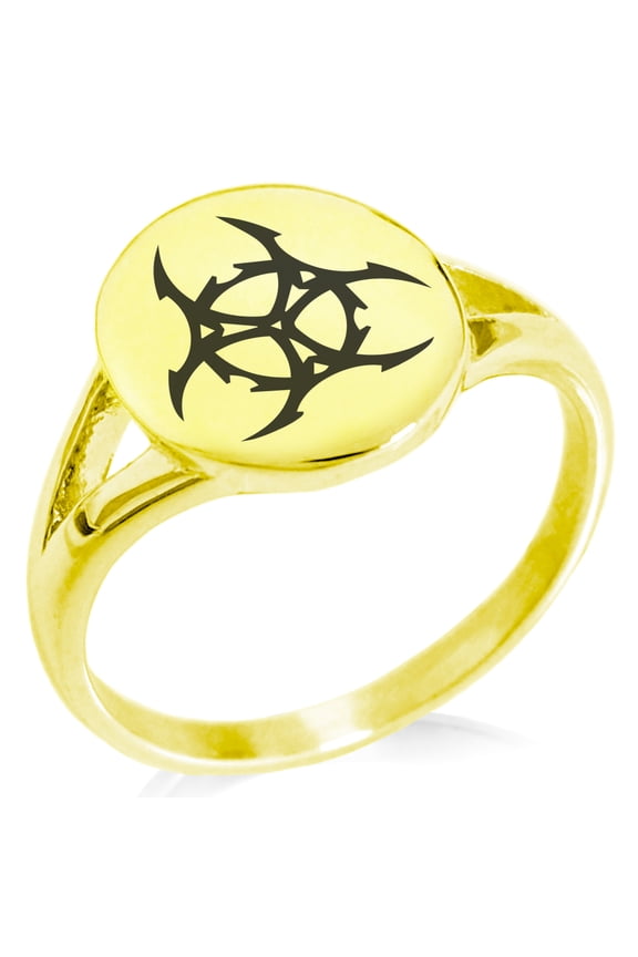 Stainless Steel Barbed Wire Biohazard Minimalist Oval Top Polished Statement Signet Ring