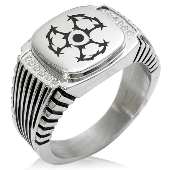 Stainless Steel Barbed Wire Radioactive CZ Ribbed Needle Stripe Pattern Biker Style Polished Ring