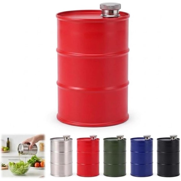 Stainless Steel Barrel Oil Dispenser,New Oil Drum Flask | Leak-Proof Kitchen Cruet,Metal Storage Can with Sealed Screw Lid Anti-Scratch Kitchen Container.(Red,350ml)
