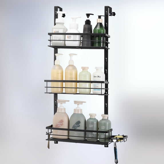 Stainless Steel Bath Shower Over Door Caddy, Hanging Storage Organizer 3-Tier Rack with 2 Hooks and 3 Baskets - Holder for Soap, Shampoo, Loofah, Body Wash, Omni Collection, Matte Black
