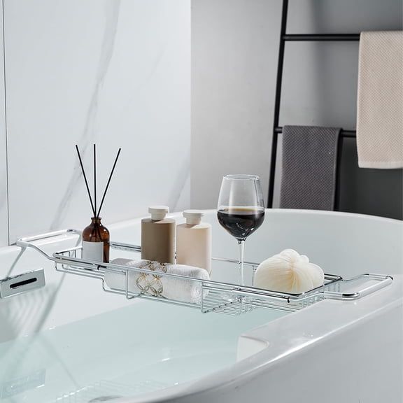 Stainless Steel Bathtub Caddy Tray, Expandable Bath Tub Tray Table, Adjustable Bathroom Tray, Bath Organizer Tub Shelf, Black, 26.8~35.4in