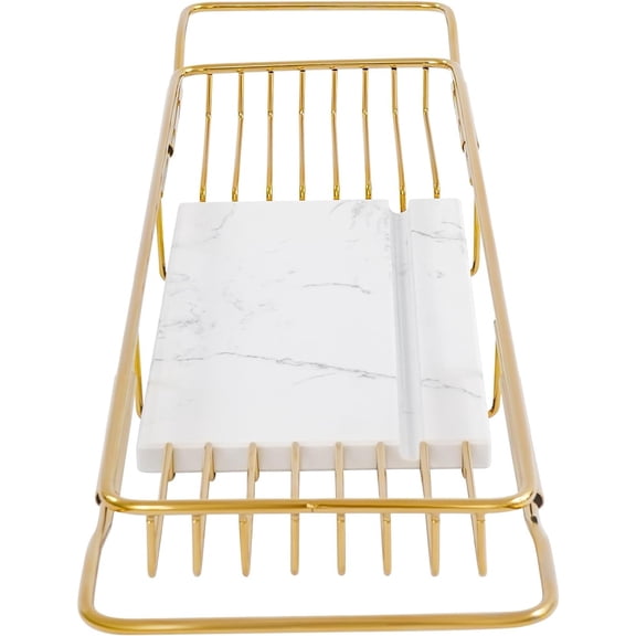 Stainless Steel Bathtub Tray, Expandable Marble Bath Tray for Tub, 44.09 lbs Capacity Bath Caddy for Bathtub Bathroom Accessories for Home Spa (Gold + White)