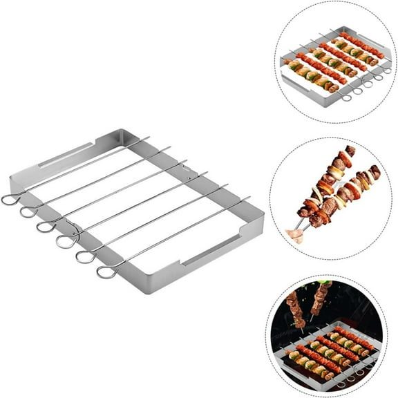 Stainless Steel Bbq Shish Kabob Set Large Foldable Grill Rack With 6Pcs 12.2"L Barbecue Skewer For Ooudoor Indoor Party And Cookout(Silver)