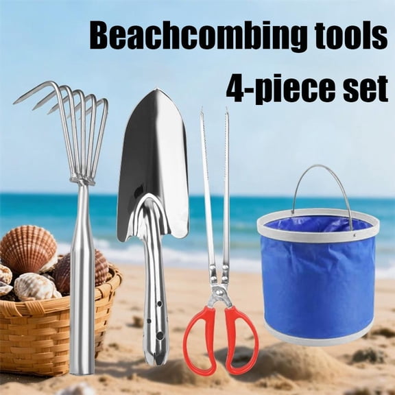 Stainless Steel Beach Sand Shovel Kit with Collapsible Bucket, 4-Tine Rake, Shovel & Tong, Heavy-Duty Shelling Tools for Clamming Summer Gift